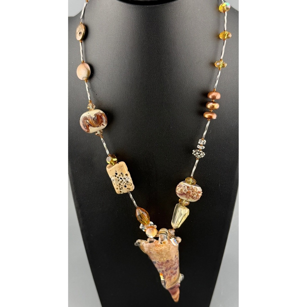 Conch Shell Pendant Necklace Art Glass Aquatic Beads Cruse Vacation 2.5" Drop